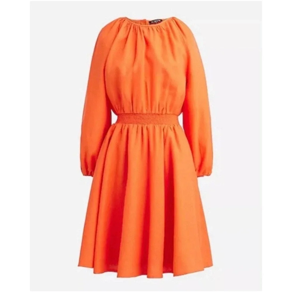 J.Crew Orange Linen Smocked Waist Mini‎ Dress Long Sleeve XS